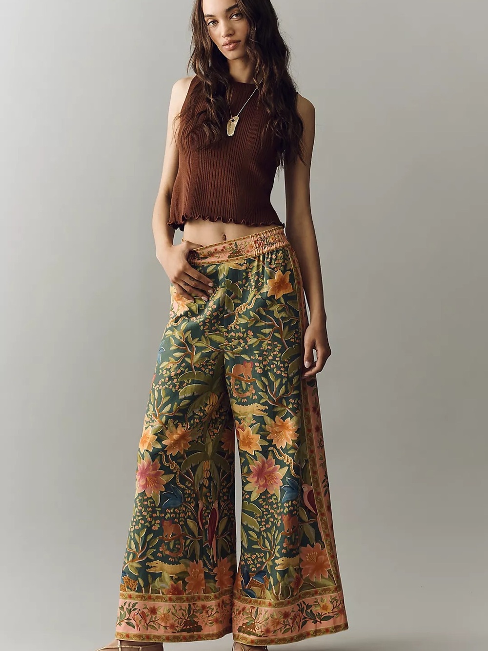 FARM Rio Olive Green Botanical Wide-Leg Pants with Peach Floral - Picture 3 of 3
